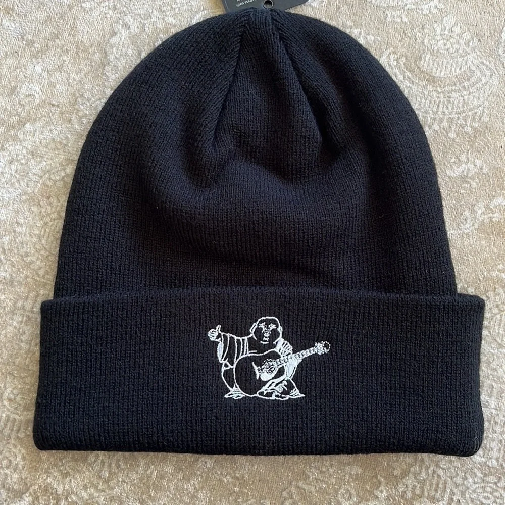 Brand New True Religion Black Knit Beanie Cap Stretch Cuffed Hat Embroidered